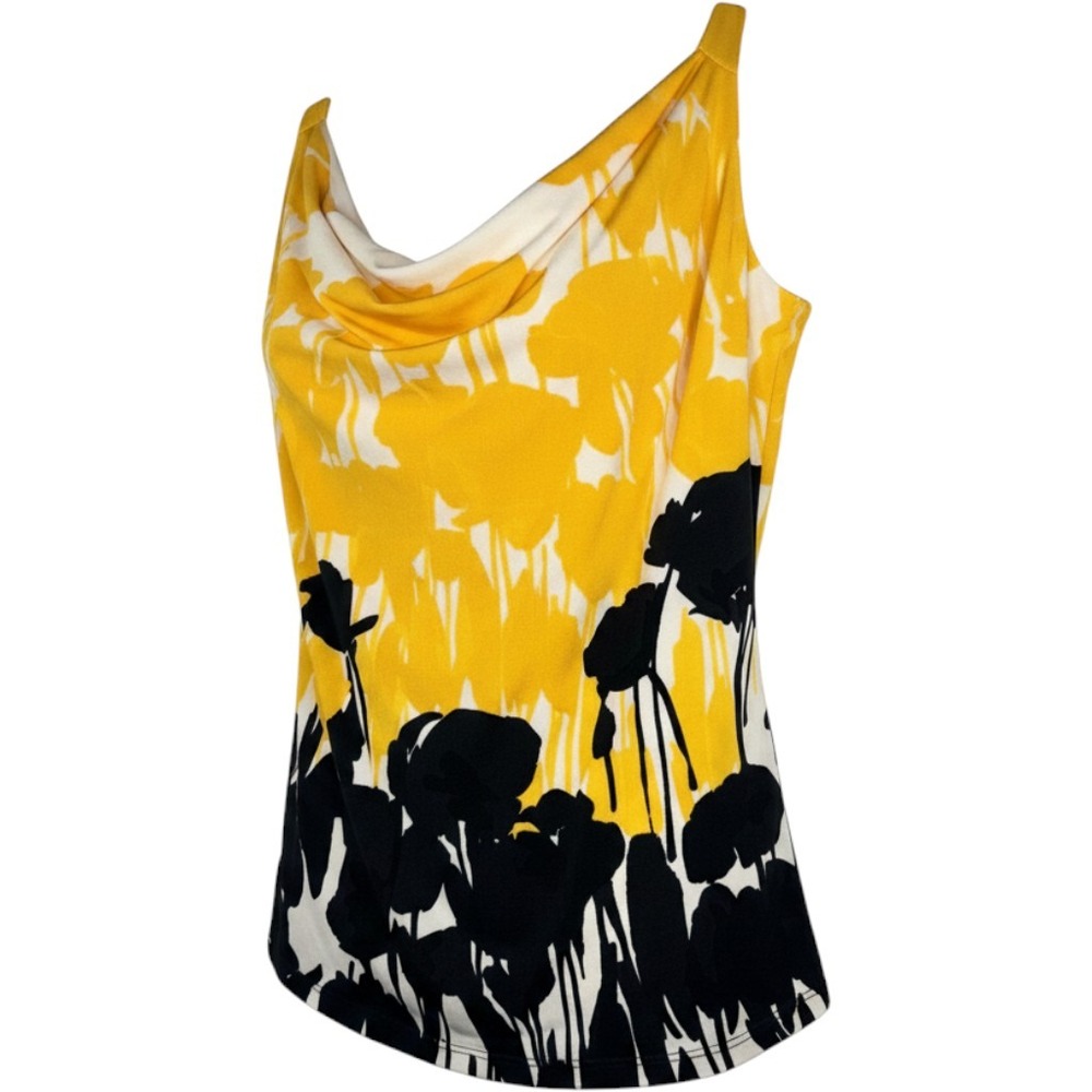 Cache Cowl Neck Top S Yellow Black Floral Silhouette Sleeveless Tank